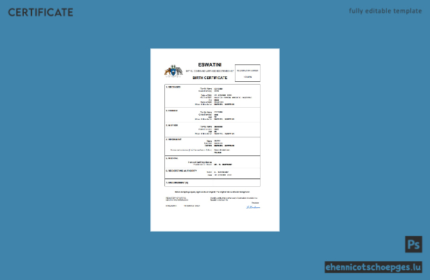 Eswatini Geburtsurkunde – Beispielvorschau in Word und PDF